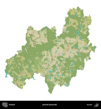 Bytowski İlçesi. Polonya idari bölgesi bir OpenStreetMap İnsani Haritası haritasında beyaza izole edildi