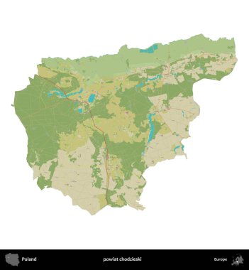 Chodzieski İlçesi. Polonya idari bölgesi bir OpenStreetMap İnsani Haritası haritasında beyaza izole edildi