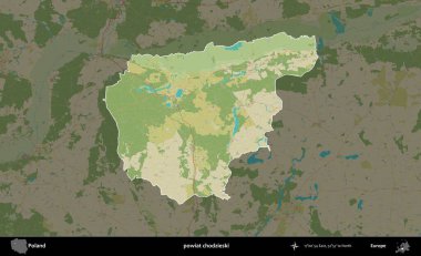 Chodzieski İlçesi. Polonya 'nın idari alanı karanlık bir OpenStreetMap İnsani Haritası' na vurgulandı ve özetlendi