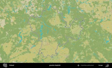 Chojnicki İlçesi. Polonya 'nın idari alanı bir OpenStreetMap İnsani Harita stil haritasında özetlendi