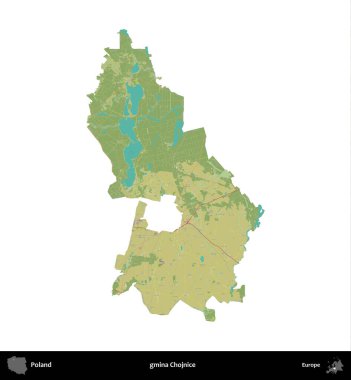 Chojnice Komünü. Polonya idari bölgesi bir OpenStreetMap İnsani Haritası haritasında beyaza izole edildi