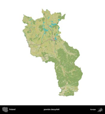 Cieszynski İlçesi. Polonya idari bölgesi bir OpenStreetMap İnsani Haritası haritasında beyaza izole edildi
