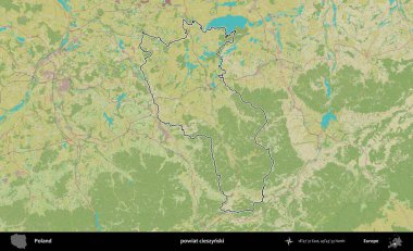 Cieszynski İlçesi. Polonya 'nın idari alanı bir OpenStreetMap İnsani Harita stil haritasında özetlendi
