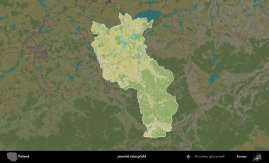 Cieszynski İlçesi. Polonya 'nın idari alanı karanlık bir OpenStreetMap İnsani Haritası' na vurgulandı ve özetlendi