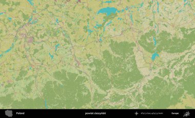 Cieszynski İlçesi. Bir OpenStreetMap İnsani Haritası üzerinde Polonya 'nın idari alanı