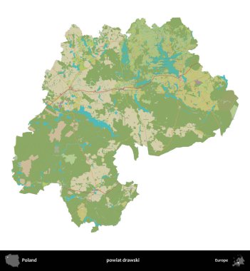 Drawski İlçesi. Polonya idari bölgesi bir OpenStreetMap İnsani Haritası haritasında beyaza izole edildi