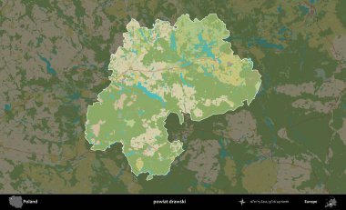 Drawski İlçesi. Polonya 'nın idari alanı karanlık bir OpenStreetMap İnsani Haritası' na vurgulandı ve özetlendi
