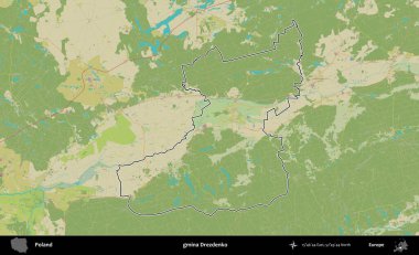 Drezdenko Komünü. Polonya 'nın idari alanı bir OpenStreetMap İnsani Harita stil haritasında özetlendi