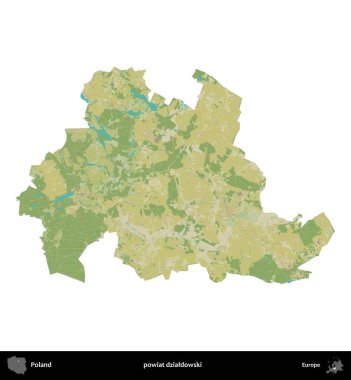 Dzialdowski İlçesi. Polonya idari bölgesi bir OpenStreetMap İnsani Haritası haritasında beyaza izole edildi