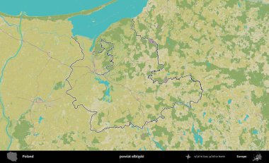 Elblaski İlçesi. Polonya 'nın idari alanı bir OpenStreetMap İnsani Harita stil haritasında özetlendi