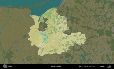 Elblaski İlçesi. Polonya 'nın idari alanı karanlık bir OpenStreetMap İnsani Haritası' na vurgulandı ve özetlendi