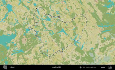 Elcki İlçesi. Polonya 'nın idari alanı bir OpenStreetMap İnsani Harita stil haritasında özetlendi