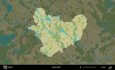 Elcki İlçesi. Polonya 'nın idari alanı karanlık bir OpenStreetMap İnsani Haritası' na vurgulandı ve özetlendi