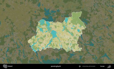 Gizycki İlçesi. Polonya 'nın idari alanı karanlık bir OpenStreetMap İnsani Haritası' na vurgulandı ve özetlendi