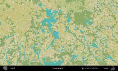 Gizycki İlçesi. Bir OpenStreetMap İnsani Haritası üzerinde Polonya 'nın idari alanı