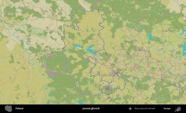 Gliwicki ilçesi. Polonya 'nın idari alanı bir OpenStreetMap İnsani Harita stil haritasında özetlendi