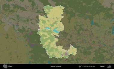 Gliwicki ilçesi. Polonya 'nın idari alanı karanlık bir OpenStreetMap İnsani Haritası' na vurgulandı ve özetlendi