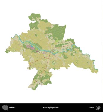 Glogowski İlçesi. Polonya idari bölgesi bir OpenStreetMap İnsani Haritası haritasında beyaza izole edildi