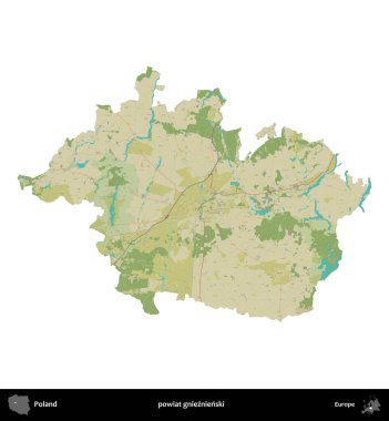 Gnieznienski İlçesi. Polonya idari bölgesi bir OpenStreetMap İnsani Haritası haritasında beyaza izole edildi