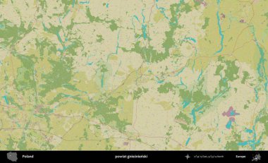 Gnieznienski İlçesi. Bir OpenStreetMap İnsani Haritası üzerinde Polonya 'nın idari alanı
