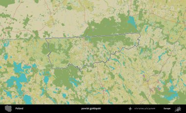 Goldapski İlçesi. Polonya 'nın idari alanı bir OpenStreetMap İnsani Harita stil haritasında özetlendi