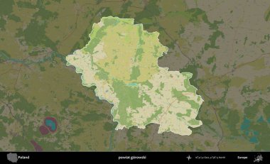Gorowski İlçesi. Polonya 'nın idari alanı karanlık bir OpenStreetMap İnsani Haritası' na vurgulandı ve özetlendi