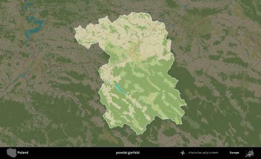 Gorlicki İlçesi. Polonya 'nın idari alanı karanlık bir OpenStreetMap İnsani Haritası' na vurgulandı ve özetlendi