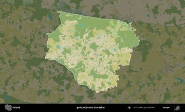 Gorowo Ilaweckie Komünü. Polonya 'nın idari alanı karanlık bir OpenStreetMap İnsani Haritası' na vurgulandı ve özetlendi