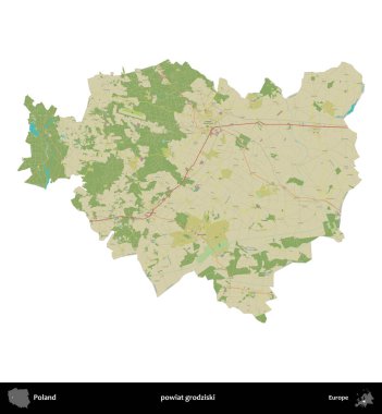 Grodziski İlçesi. Polonya idari bölgesi bir OpenStreetMap İnsani Haritası haritasında beyaza izole edildi