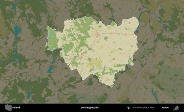 Grodziski İlçesi. Polonya 'nın idari alanı karanlık bir OpenStreetMap İnsani Haritası' na vurgulandı ve özetlendi