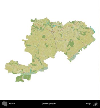 Grojecki İlçesi. Polonya idari bölgesi bir OpenStreetMap İnsani Haritası haritasında beyaza izole edildi