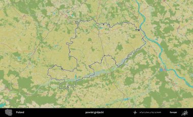 Grojecki İlçesi. Polonya 'nın idari alanı bir OpenStreetMap İnsani Harita stil haritasında özetlendi