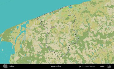 Gryficki İlçesi. Polonya 'nın idari alanı bir OpenStreetMap İnsani Harita stil haritasında özetlendi