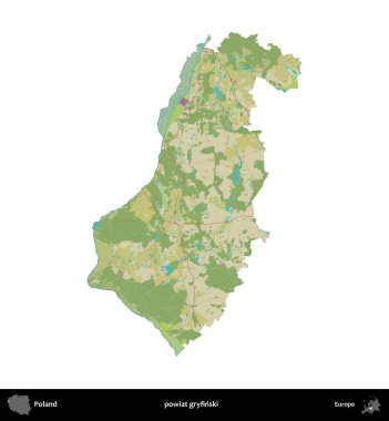 Gryfinski İlçesi. Polonya idari bölgesi bir OpenStreetMap İnsani Haritası haritasında beyaza izole edildi
