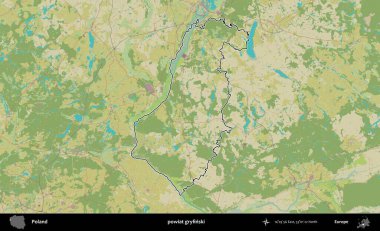 Gryfinski İlçesi. Polonya 'nın idari alanı bir OpenStreetMap İnsani Harita stil haritasında özetlendi