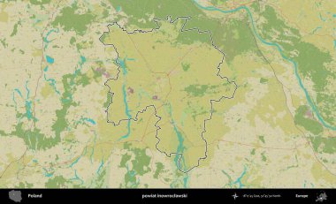 Inowroclawski İlçesi. Polonya 'nın idari alanı bir OpenStreetMap İnsani Harita stil haritasında özetlendi