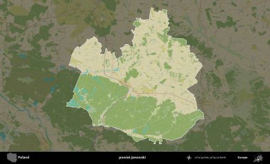 Janowski İlçesi. Polonya 'nın idari alanı karanlık bir OpenStreetMap İnsani Haritası' na vurgulandı ve özetlendi