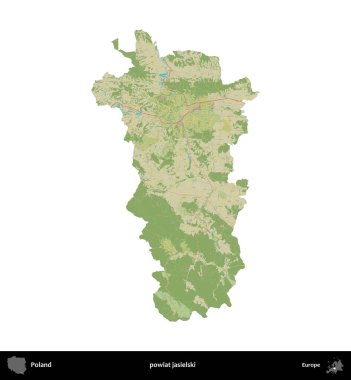 Jasielski İlçesi. Polonya idari bölgesi bir OpenStreetMap İnsani Haritası haritasında beyaza izole edildi