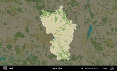 Kaliski İlçesi. Polonya 'nın idari alanı karanlık bir OpenStreetMap İnsani Haritası' na vurgulandı ve özetlendi