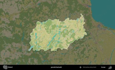 Kartuski ilçesi. Polonya 'nın idari alanı karanlık bir OpenStreetMap İnsani Haritası' na vurgulandı ve özetlendi