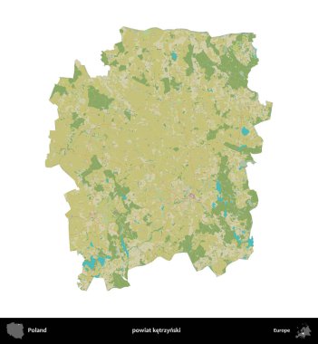 Ketrzynski İlçesi. Polonya idari bölgesi bir OpenStreetMap İnsani Haritası haritasında beyaza izole edildi