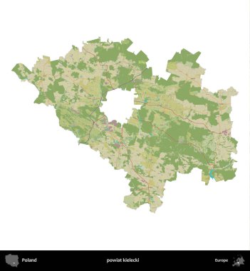 Kielecki İlçesi. Polonya idari bölgesi bir OpenStreetMap İnsani Haritası haritasında beyaza izole edildi