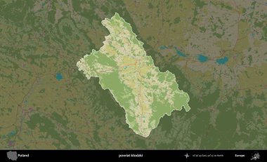Klodzki İlçesi. Polonya 'nın idari alanı karanlık bir OpenStreetMap İnsani Haritası' na vurgulandı ve özetlendi