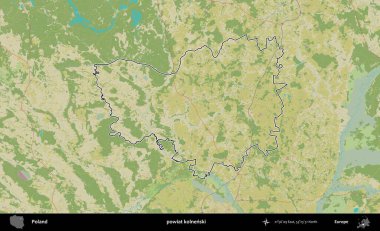 Kolnenski İlçesi. Polonya 'nın idari alanı bir OpenStreetMap İnsani Harita stil haritasında özetlendi