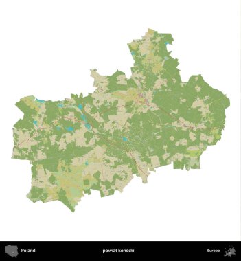 Konecki İlçesi. Polonya idari bölgesi bir OpenStreetMap İnsani Haritası haritasında beyaza izole edildi