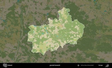 Konecki İlçesi. Polonya 'nın idari alanı karanlık bir OpenStreetMap İnsani Haritası' na vurgulandı ve özetlendi