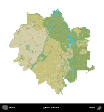 Koronowo Komünü. Polonya idari bölgesi bir OpenStreetMap İnsani Haritası haritasında beyaza izole edildi