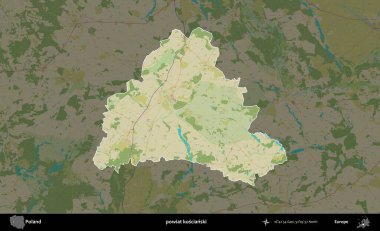 Koscianski İlçesi. Polonya 'nın idari alanı karanlık bir OpenStreetMap İnsani Haritası' na vurgulandı ve özetlendi
