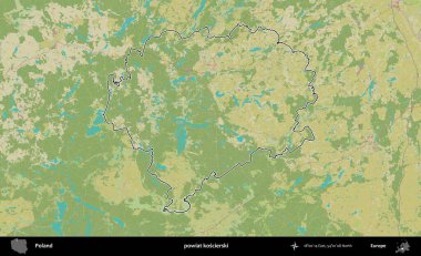 Koscierski İlçesi. Polonya 'nın idari alanı bir OpenStreetMap İnsani Harita stil haritasında özetlendi