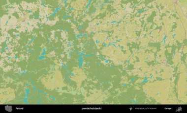 Koscierski İlçesi. Bir OpenStreetMap İnsani Haritası üzerinde Polonya 'nın idari alanı